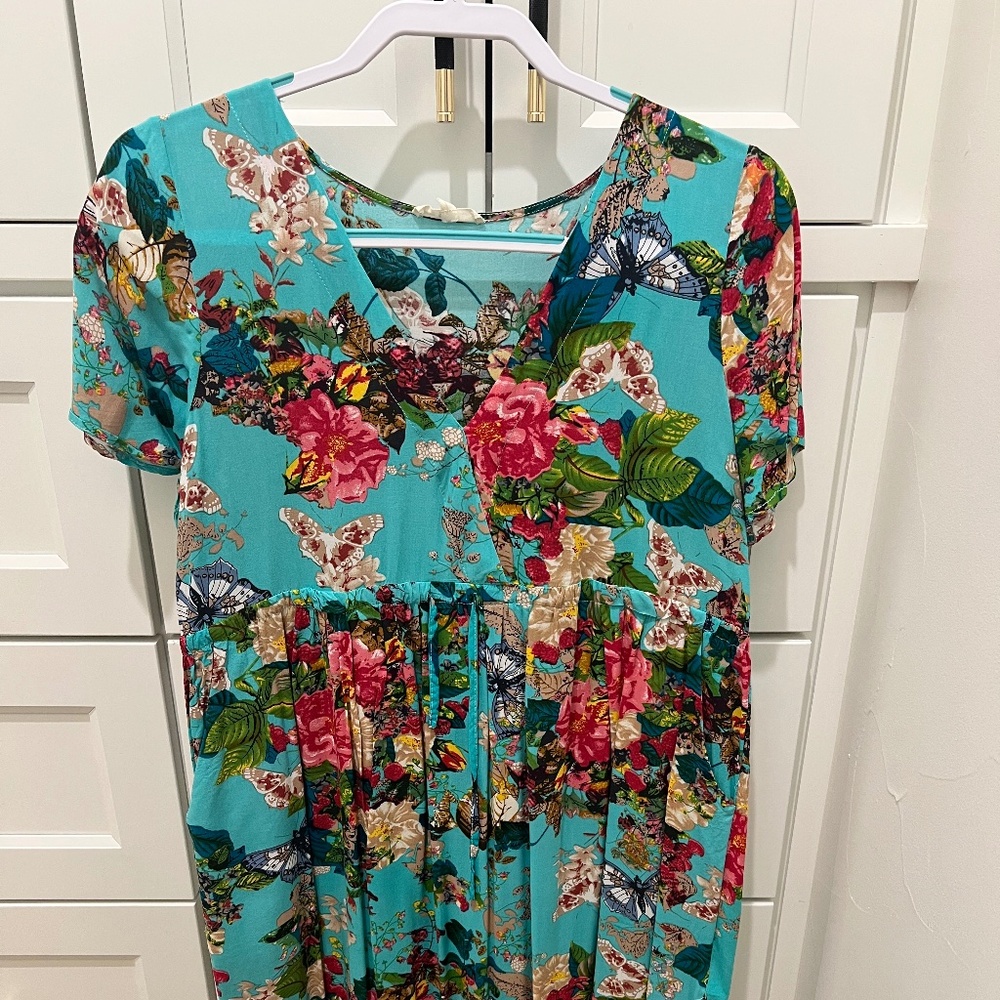 Easel Los Angeles Floral Boho Dress Size M – Turquoise Butterfly Print